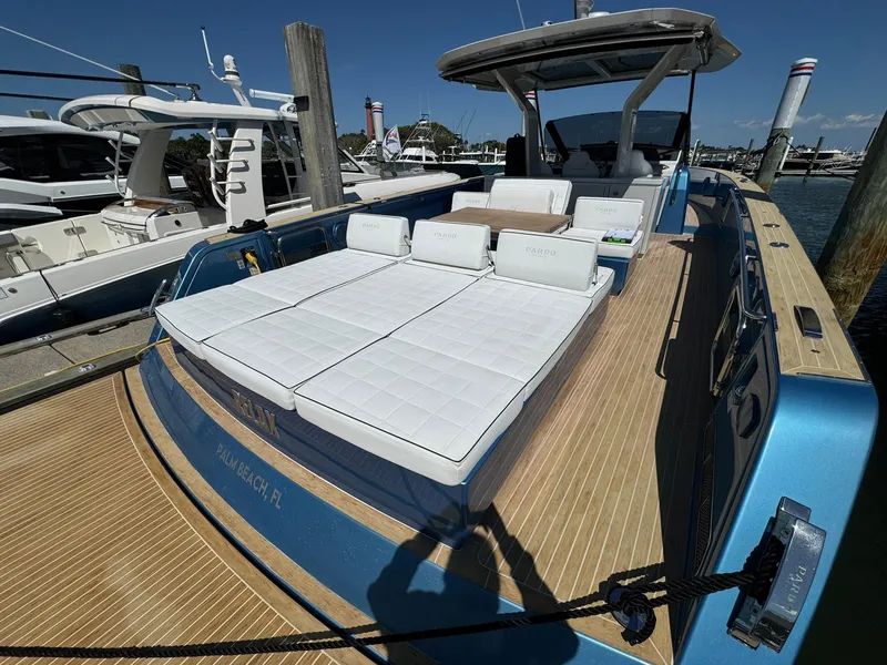 Slide: The Image of Luxury 2022 Pardo Yachts 43 with spacious sunbathing area, docked at marina. - 3