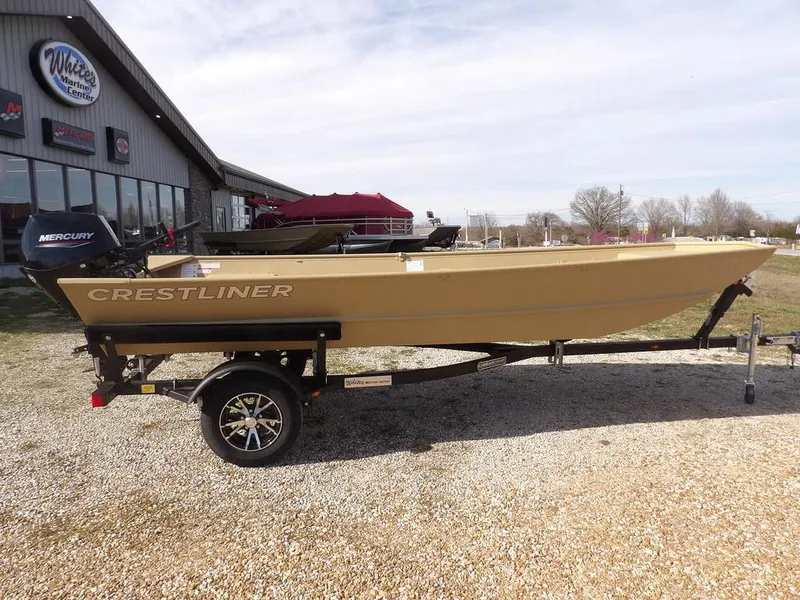 Slide: The Image of 2025 Crestliner 1648M CR Jon boat on trailer, displayed outdoors near dealership. - 1