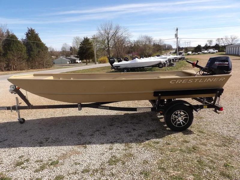 Slide: The Image of 2025 Crestliner 1648M CR Jon boat on trailer, parked outdoors. - 5