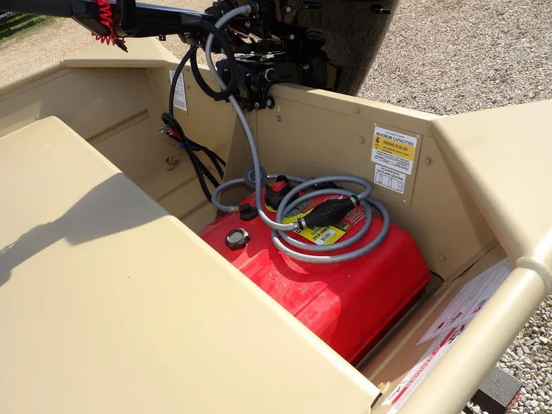 Slide: The Image of 2025 Crestliner 1648M CR Jon boat with red fuel tank and motor cables. - 9