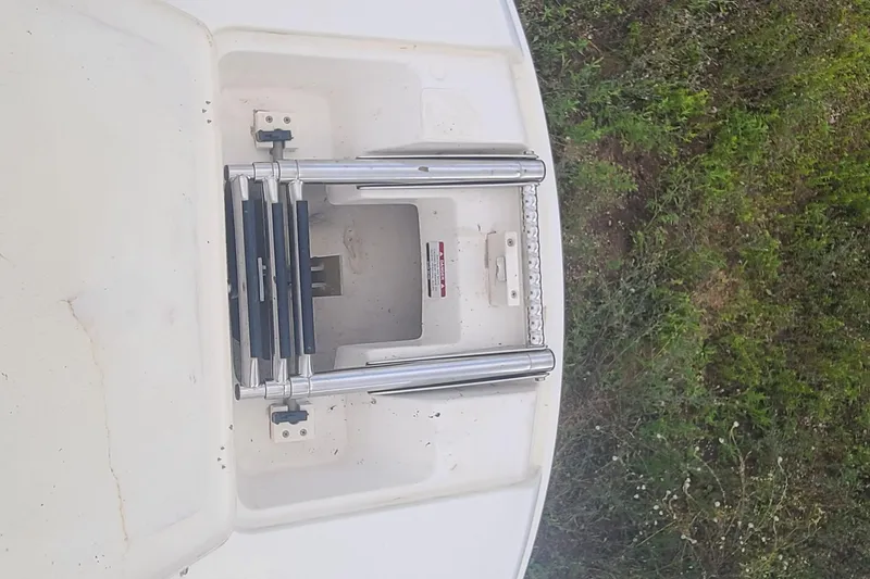 Slide: The Image of 2005 Chaparral 264 Sunesta boat ladder on white deck, surrounded by greenery. - 4