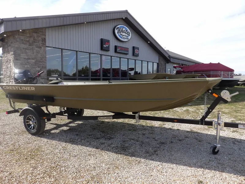 Slide: The Image of 2025 Crestliner 1648M CR Jon boat on trailer outside dealership. - 1