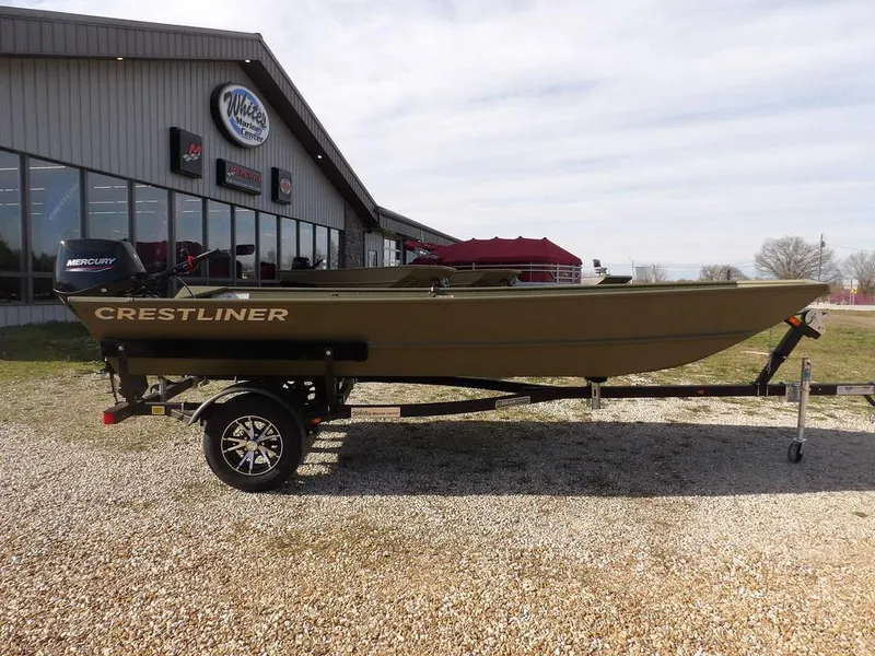 Slide: The Image of 2025 Crestliner 1648M CR Jon boat on trailer outside dealership. - 16