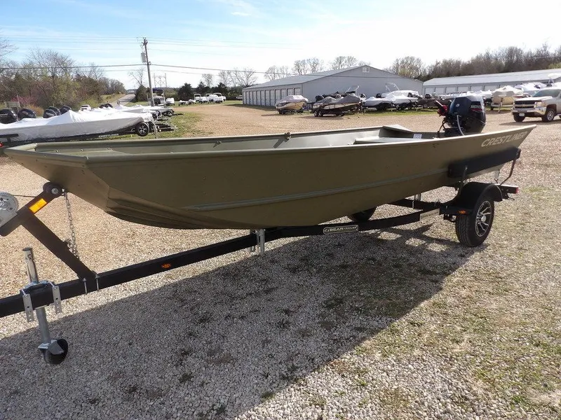 Slide: The Image of 2025 Crestliner 1648M CR Jon boat on trailer, parked outdoors. - 3
