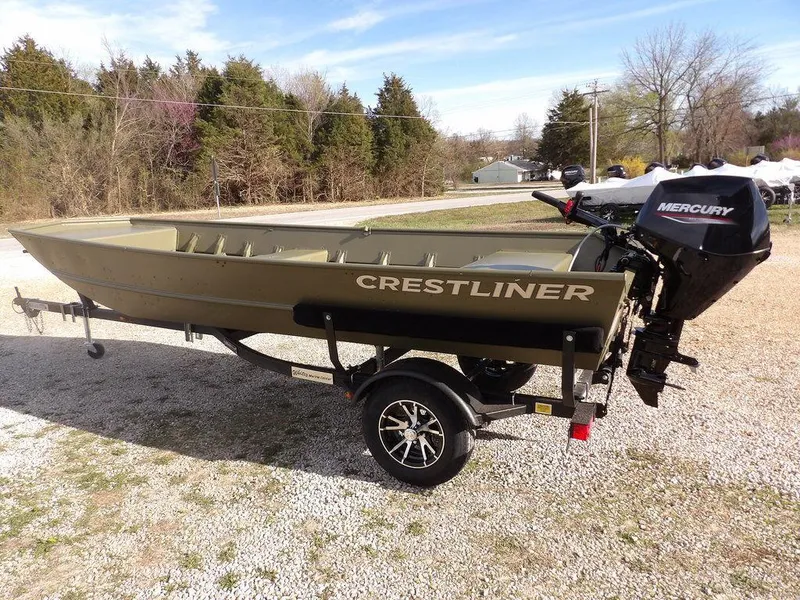 Slide: The Image of 2025 Crestliner 1648M CR Jon boat on trailer with Mercury outboard motor. - 5