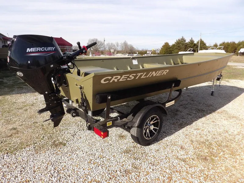 Slide: The Image of 2025 Crestliner 1648M CR Jon boat with Mercury engine on trailer, parked outdoors. - 7