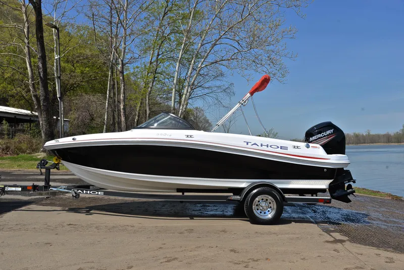 Slide: The Image of 2018 Tahoe 550 TS boat on trailer by a lake, ready for launch. - 11