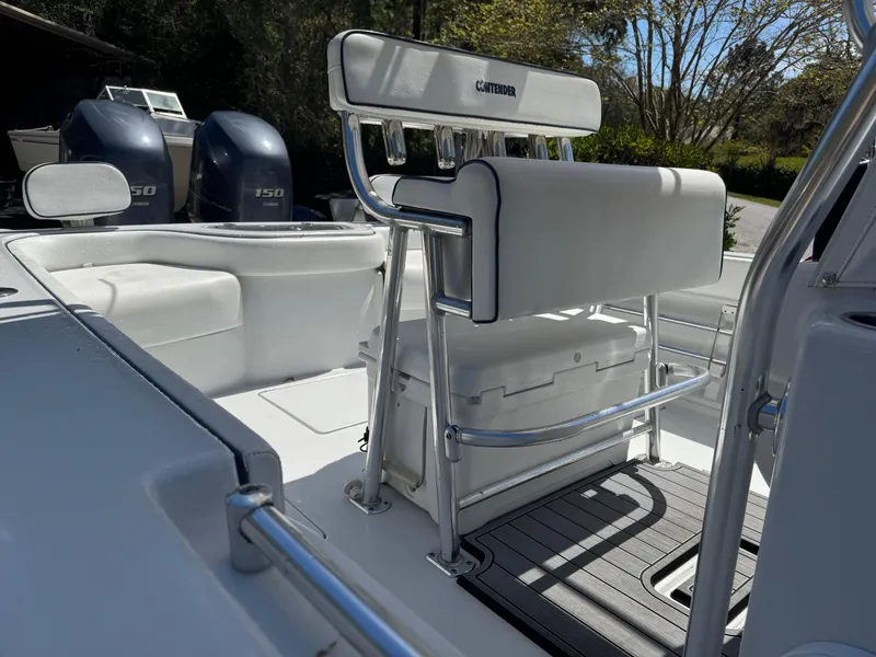 Slide: The Image of 2015 Contender 24 Sport boat interior with dual engines and cushioned seating. - 21