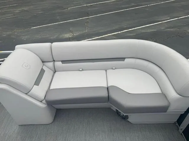 Slide: The Image of 2023 Godfrey Sweetwater 2286 SBX Tritoon interior with gray and white seating. - 10