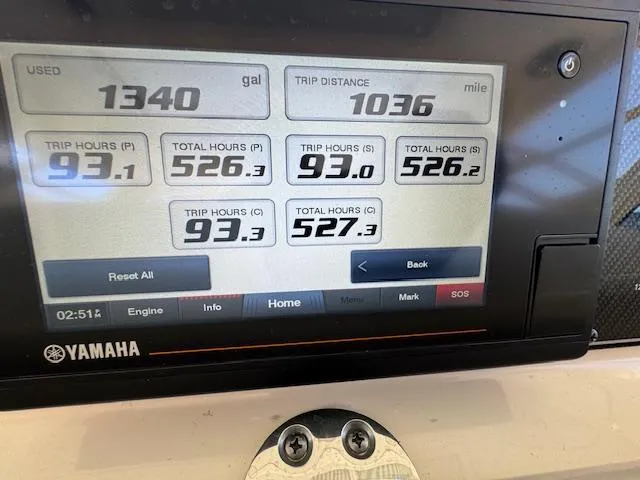 Slide: The Image of Yamaha display showing fuel usage and trip data for Grady-White Express 370, 2022 model. - 22