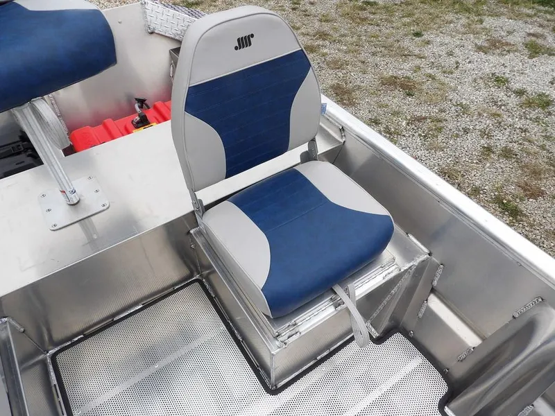Slide: The Image of 2025 Blazer 1752 SC boat seat with blue and gray upholstery, set on a metal deck. - 20