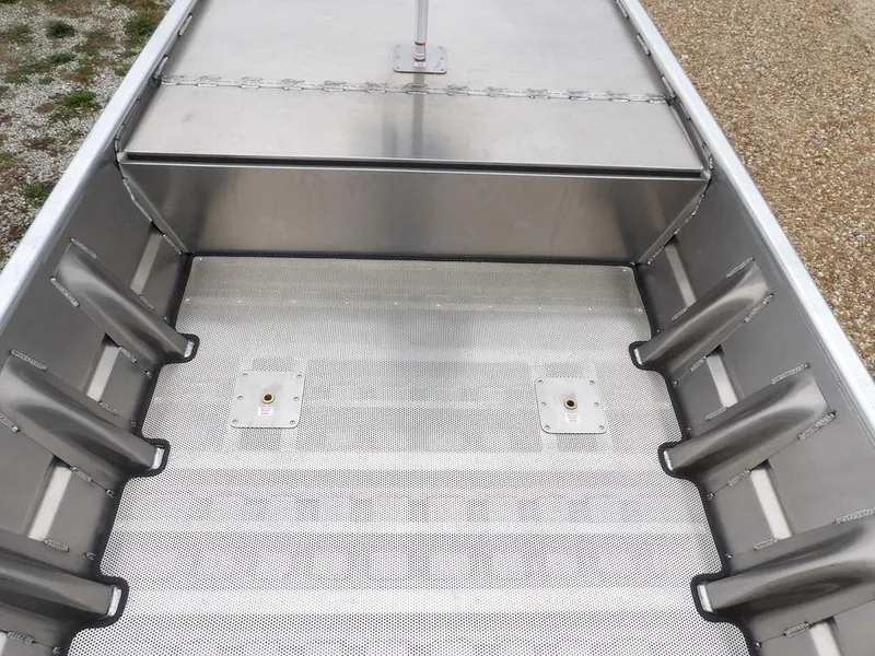 Slide: The Image of Interior of 2025 Blazer 1752 SC boat with metal flooring and storage compartment. - 23