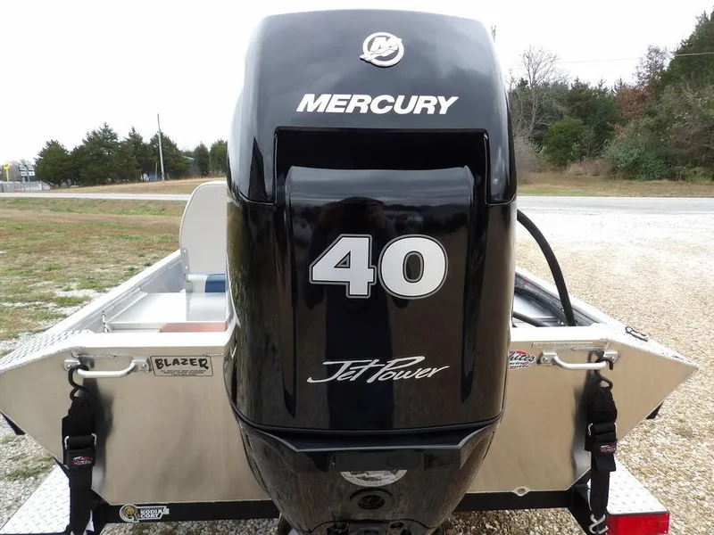 Slide: The Image of 2025 Blazer 1752 SC boat with Mercury 40 Jet Power engine, rear view. - 36