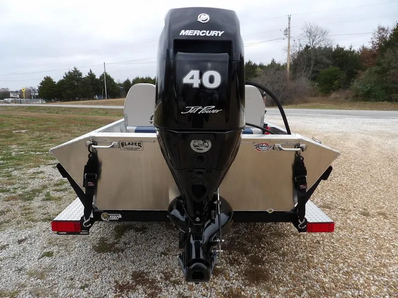 Slide: The Image of 2025 Blazer 1752 SC boat with Mercury 40 HP engine, rear view. - 7