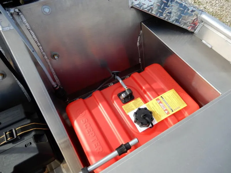 Slide: The Image of Fuel tank compartment in 2025 Blazer 1752 SC boat, featuring a red fuel container. - 13