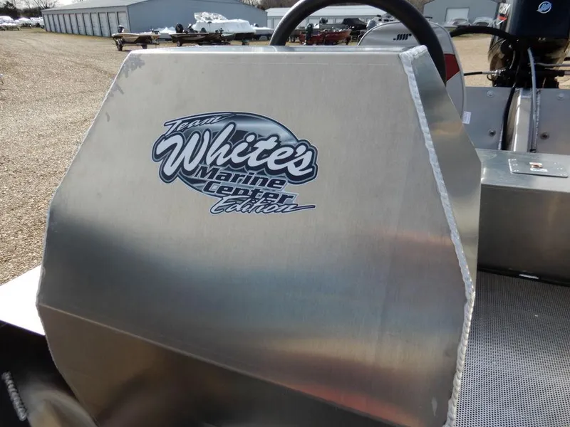 Slide: The Image of 2025 Blazer 1752 SC boat with "White's Marine Center Edition" logo on metal surface. - 22
