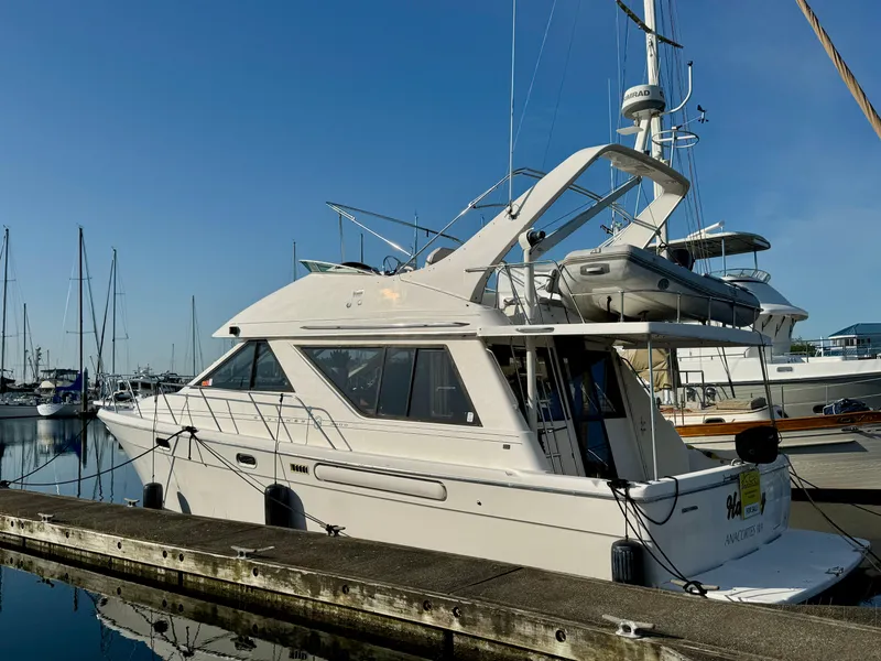 The Image of 1997 Bayliner 3988 Motor Yacht docked at marina under clear blue sky. - 0