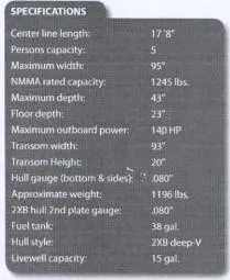 Slide: The Image of 2010 Alumacraft Navigator 175 CS specifications: 17'8" length, 5-person capacity, 140 HP power, 38 gal fuel tank. - 35