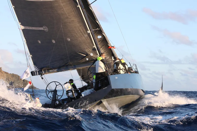 Slide: The Image of Sailing yacht Black Pepper CODE 1, 2025 model, navigating ocean waves under clear skies. - 10