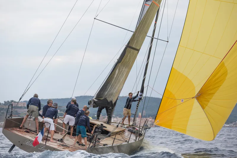 Slide: The Image of Sailboat racing on the ocean with crew, featuring Black Pepper CODE 1, 2025 model. - 12