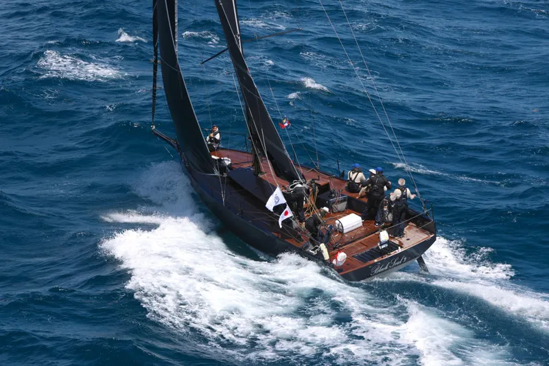Slide: The Image of Sailing yacht Black Pepper CODE 1 navigating ocean waves, 2025 model. - 9