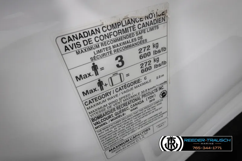 Slide: The Image of 2015 Sea-Doo 215 WAKE PRO compliance notice showing maximum capacity and weight limits. - 33