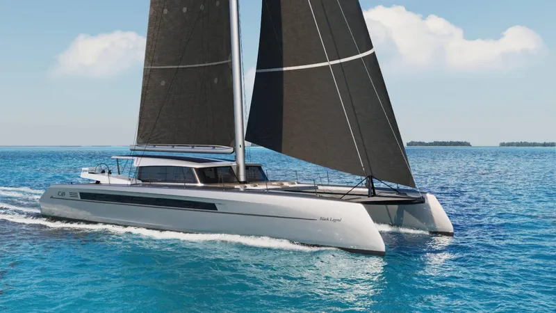 Slide: The Image of Sleek Black Pepper Code C.69 catamaran sailing on blue ocean, 2025 model. - 1