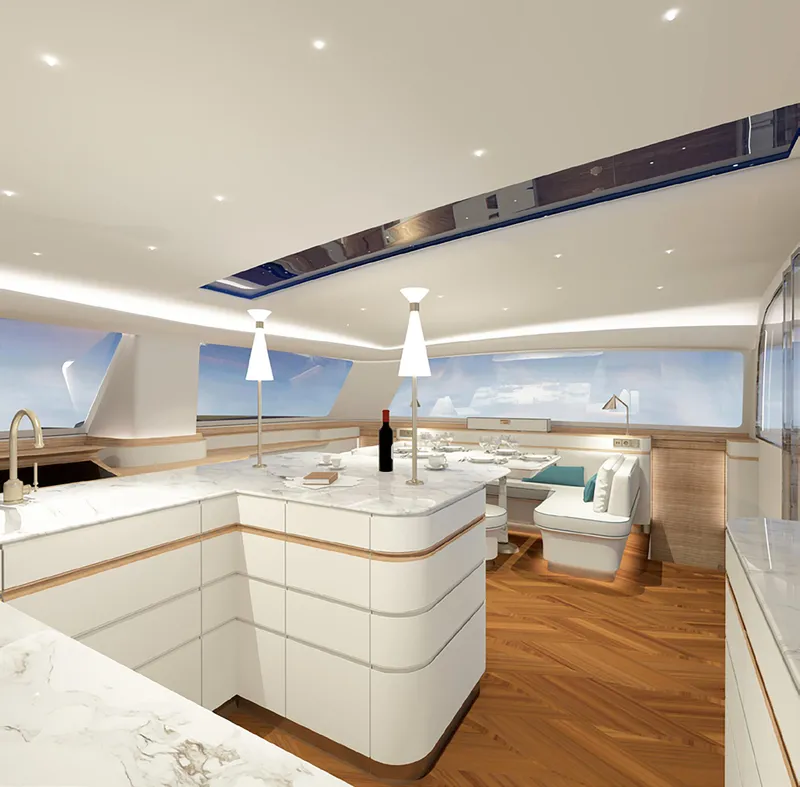 Slide: The Image of Luxurious yacht interior with modern kitchen and seating, Black Pepper Code C.69, 2025 model. - 10