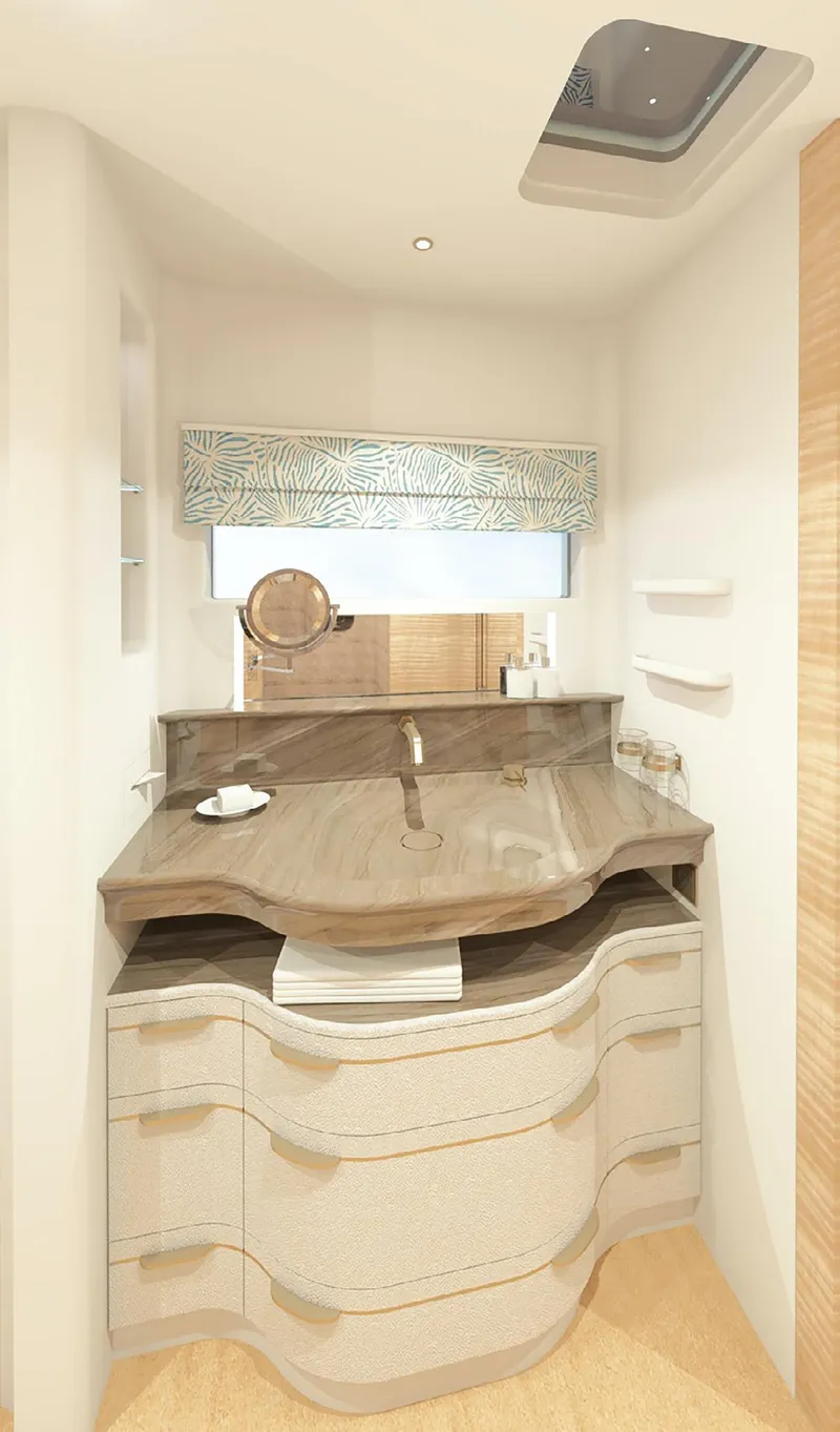 Slide: The Image of Modern bathroom with curved vanity, mirror, and skylight, designed by Black Pepper, Code C.69, 2025. - 11