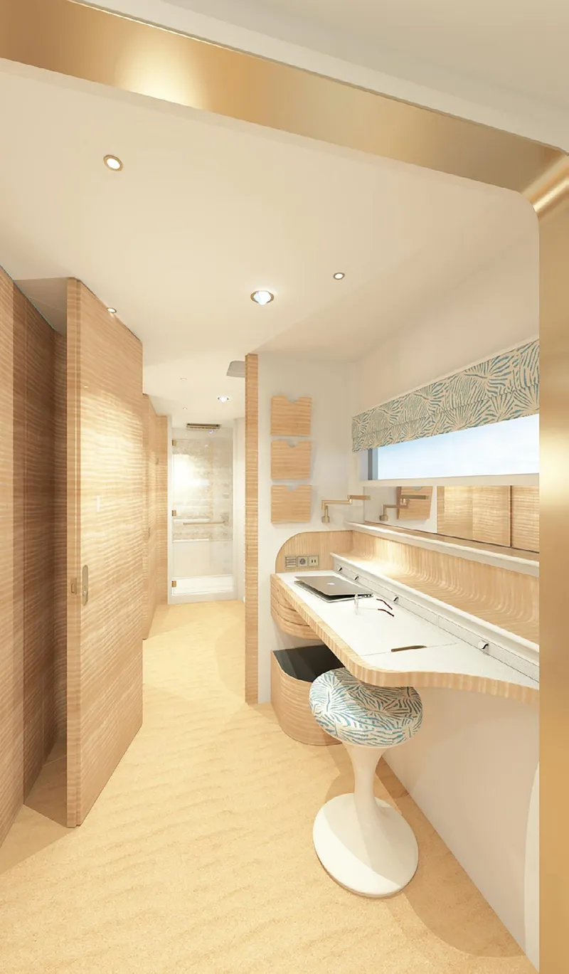 Slide: The Image of Modern yacht interior with sleek design, featuring a workspace and elegant wood finishes, 2025 model. - 13