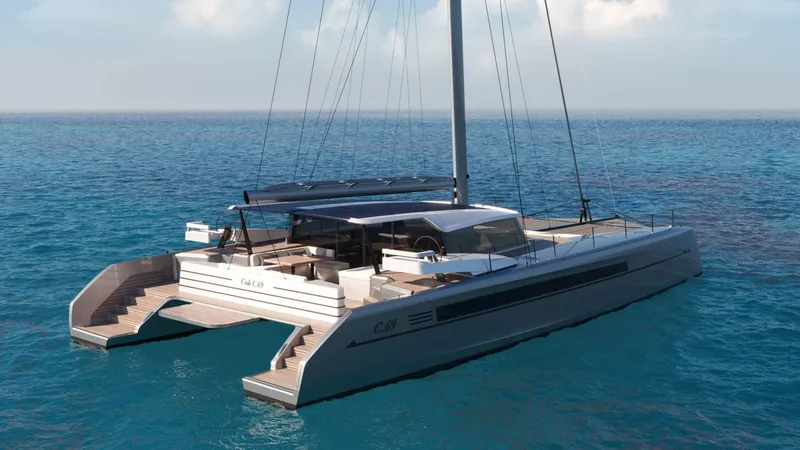 Slide: The Image of Luxurious Black Pepper Code C.69 catamaran sailing on open sea, 2025 model. - 2