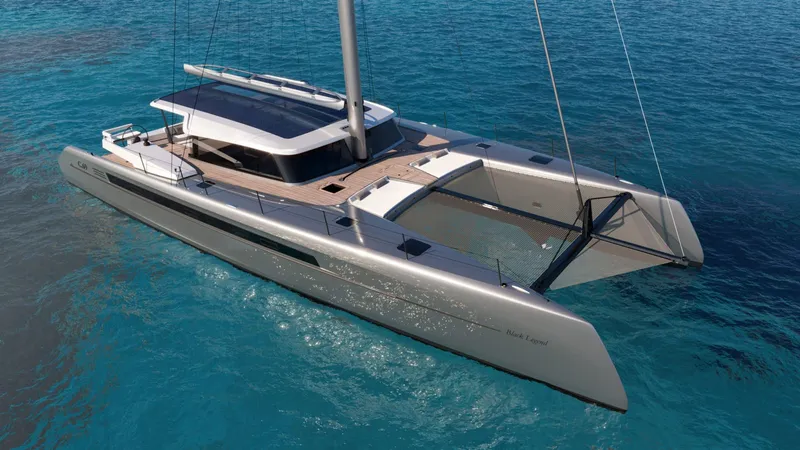 Slide: The Image of Luxury Black Pepper Code C.69 catamaran sailing on clear blue water, 2025 model. - 3