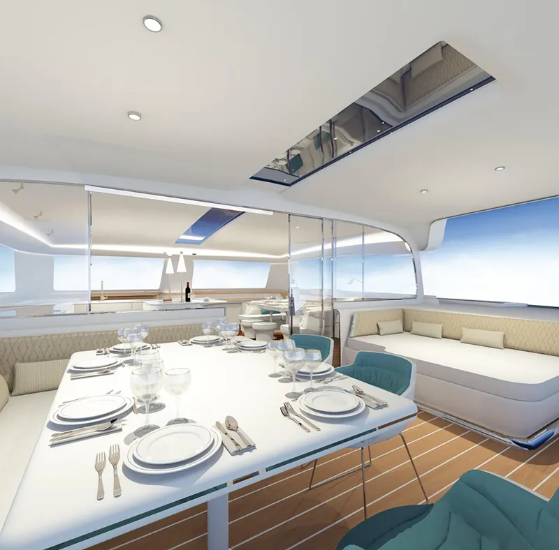 Slide: The Image of Luxurious yacht interior with elegant dining setup, modern design, and ocean view. Black Pepper Code C.69, 2025. - 9