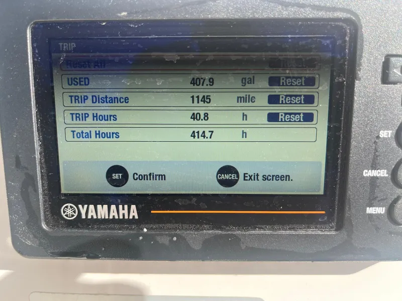 Slide: The Image of Yamaha display showing trip data: 407.9 gallons used, 1145 miles, 40.8 trip hours. - 10