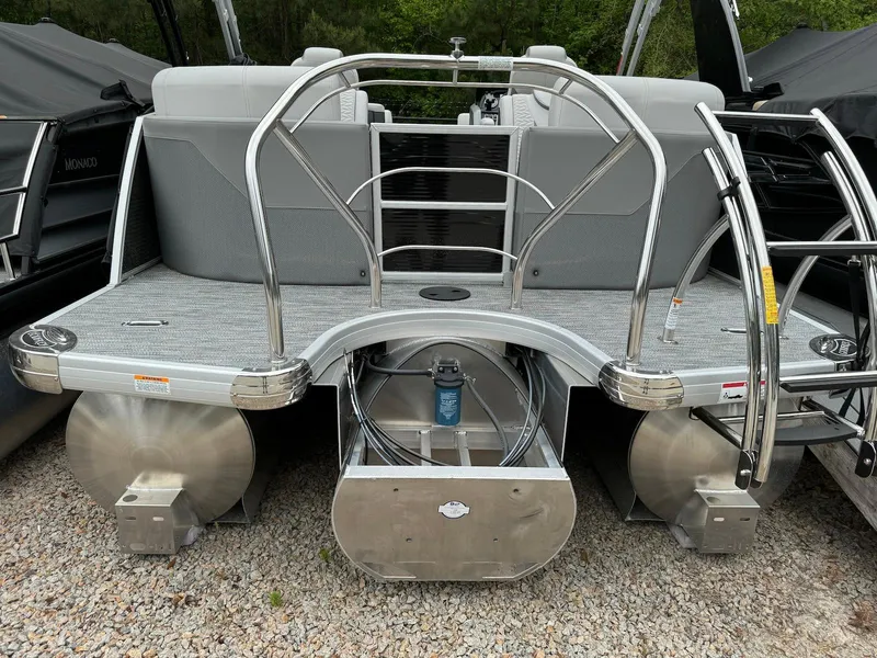 Slide: The Image of 2024 Godfrey Monaco 235 SB pontoon boat rear view with stainless steel railings. - 5