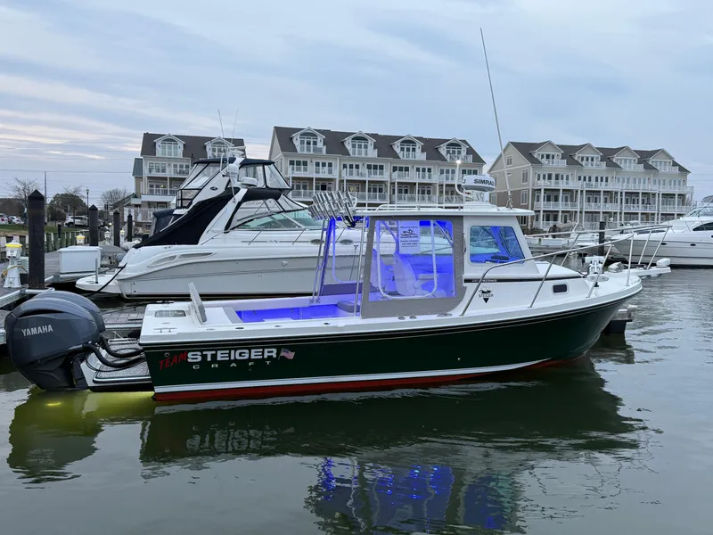 Slide: The Image of 2024 Steiger Craft 28 Peconic boat docked in marina, featuring Yamaha outboard motor. - 0