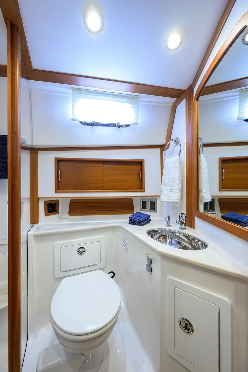 Slide: The Image of Luxurious bathroom in 2018 Sabre 48 Salon Express yacht with modern fixtures. - 37