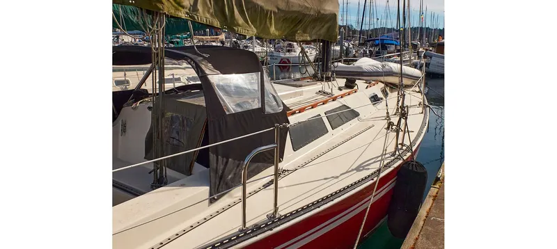 Slide: The Image of 1980 Sceptre 36 Brandywine sailboat docked in a marina. - 2