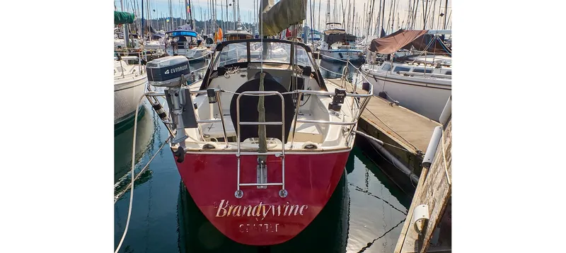 Slide: The Image of 1980 Sceptre 36 Brandywine sailboat docked at marina, rear view. - 26