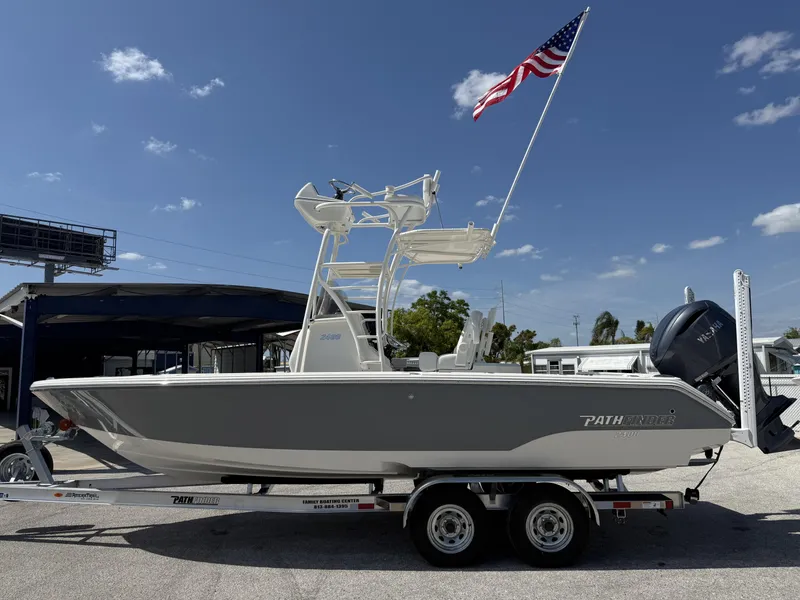 Slide: The Image of 2025 Pathfinder 2400 Open boat on trailer with American flag, under clear blue sky. - 27