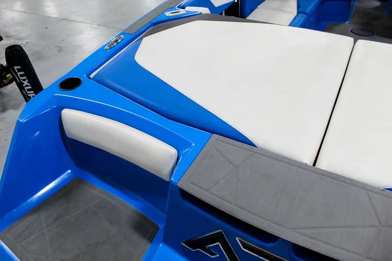Slide: The Image of 2020 ATX Surf Boats 24 Type-S, blue and white interior, luxury seating detail. - 24