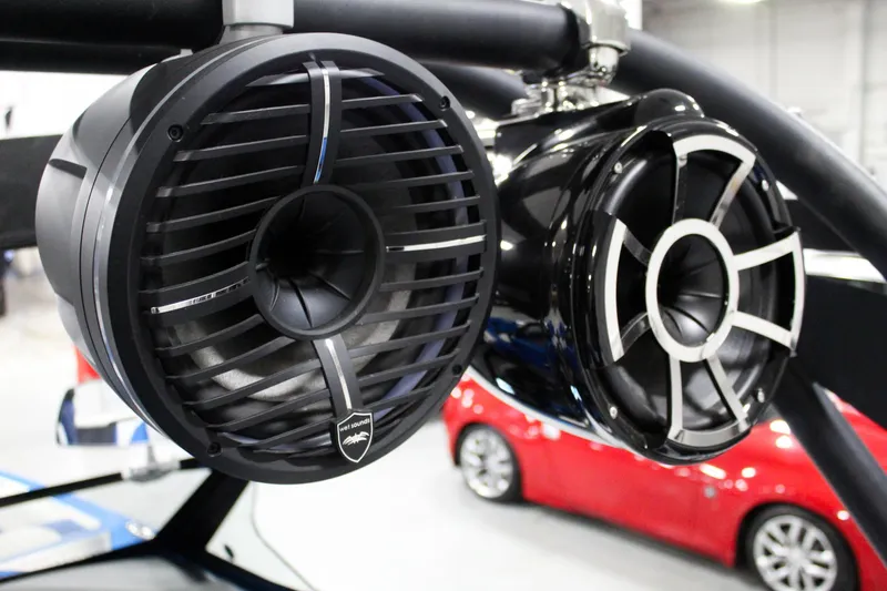 Slide: The Image of 2020 ATX Surf Boats 24 Type-S speakers, close-up view in a showroom setting. - 28