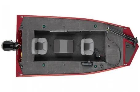 Slide: The Image of 2025 Tracker Panfish 17 boat, top view, red exterior, dual seats, motor, and fishing equipment. - 4