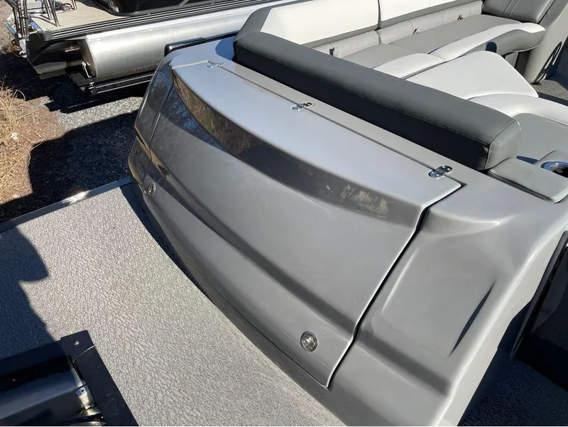 Slide: The Image of 2021 Avalon Catalina Rear J Lounger 25' pontoon boat, gray seating and deck. - 25