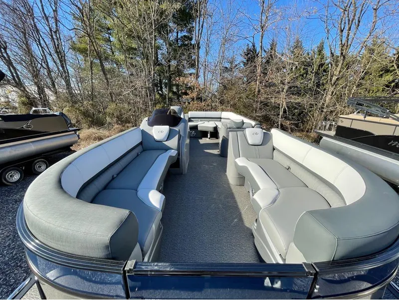 Slide: The Image of 2021 Avalon Catalina Rear J Lounger 25' pontoon boat with spacious seating and sleek design. - 26
