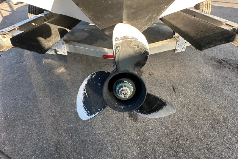 Slide: The Image of Propeller of 2017 Regal 1900 Bowrider boat on trailer, close-up view. - 11
