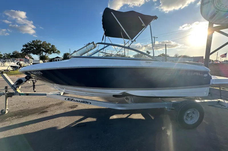 Slide: The Image of 2017 Regal 1900 Bowrider boat on trailer, sunny day, blue and white design. - 8