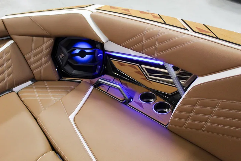 Slide: The Image of Luxurious interior of 2025 Tigé Ultré 25ZX boat with leather seats and LED lighting. - 13