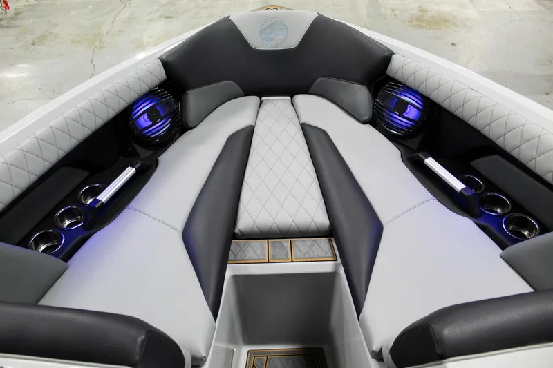 Slide: The Image of 2025 Tigé Z3 boat interior with luxurious seating and blue LED lighting. - 9