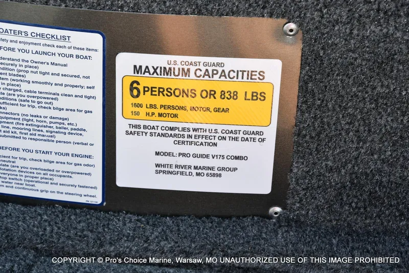 Slide: The Image of 2025 Tracker Pro Guide V-175 Combo capacity plate, 6 persons or 838 lbs, safety compliance. - 34